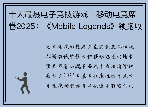 十大最热电子竞技游戏—移动电竞席卷2025：《Mobile Legends》领跑收视狂潮